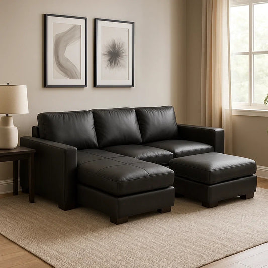 Sofá Chaise Longue de 3 Plazas en Cuero Negro con Reposapiés