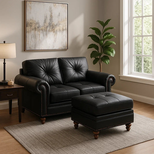 Sofá Clásico de 2 Plazas en Cuero Negro con Reposapiés