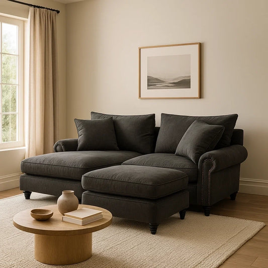 Sofá Chaise Longue de 3 Plazas en Cuero Negro con Reposapiés