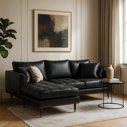 Sofá Chaise Longue de 3 Plazas en Cuero Negro con Cojines