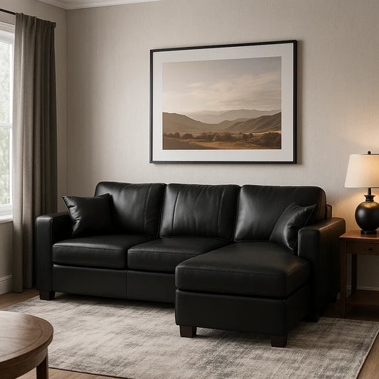 Sofá Chaise Longue de 3 Plazas en Cuero Negro Moderno