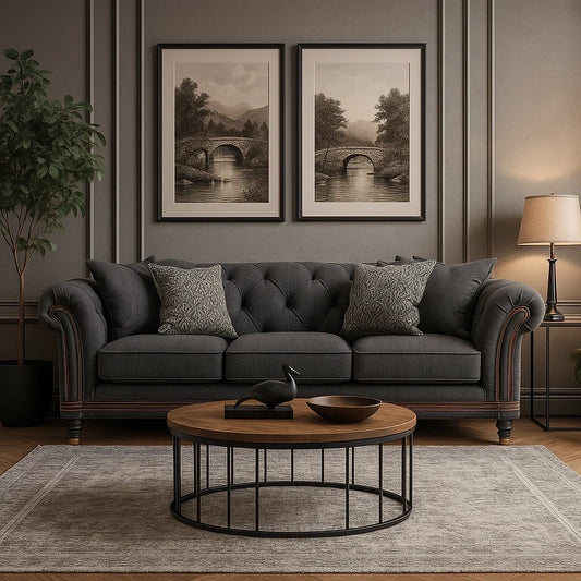 Sofá Clásico de 3 Plazas en Tela Gris Oscuro con Cojines Decorativos