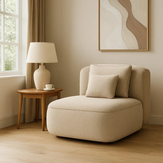 Sillón Individual en Tela Beige con Cojines Acolchados Modernos