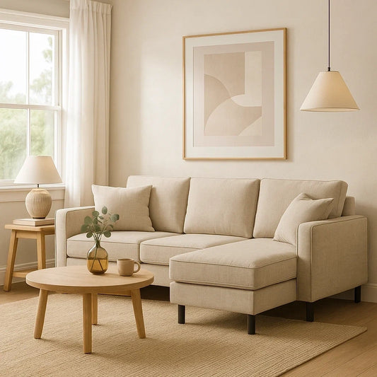 Sofá Chaise Longue en Tela Beige de 3 Plazas con Diseño Moderno