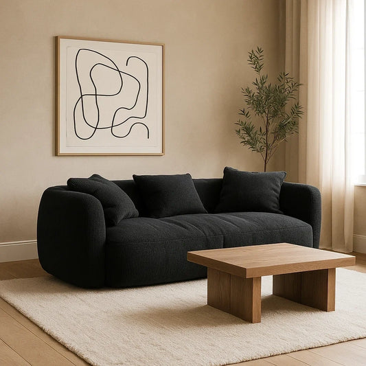 Sofá Moderno de 3 Plazas en Tela Negra con Cojines