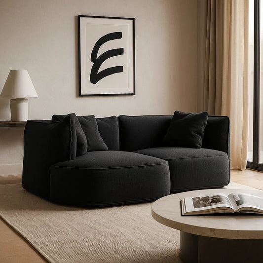 Sofá Esquinero Moderno en Tela Negra con Cojines Acolchados