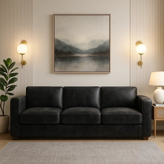Sofá de 3 Plazas en Cuero Negro con Estructura Robusta