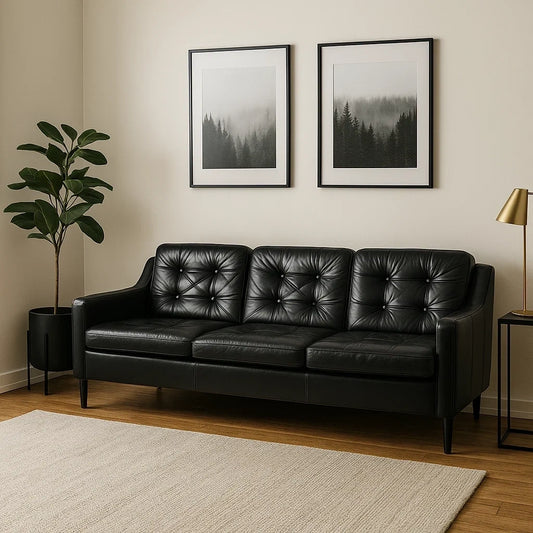 Sofá de 3 Plazas en Cuero Negro con Respaldo Acolchado y Estilo Moderno