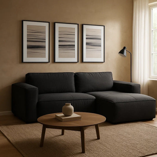 Sofá Chaise Longue de 3 Plazas en Tela Negra Moderna