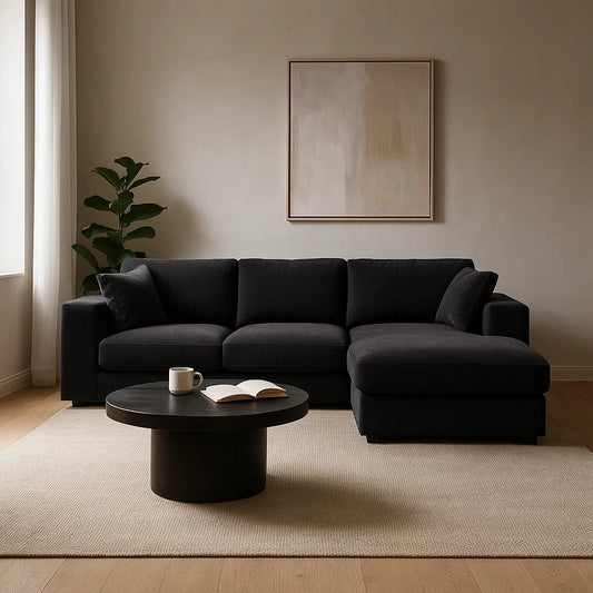 Sofá Chaise Longue de 3 Plazas en Tela Negra Moderna con Cojines