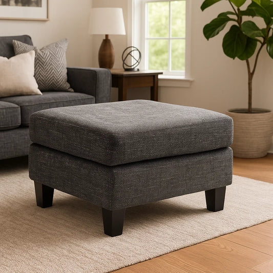 Taburete Otomano Cuadrado de Tela Gris Oscuro con Patas de Madera