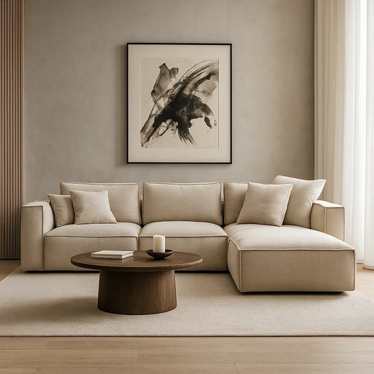 Sofá Modular de 4 Plazas con Chaise Longue en Tela Beige