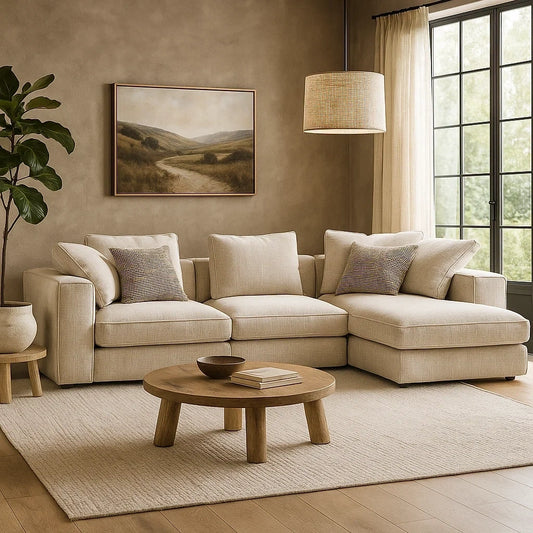 Sofá Modular Esquinero de Tela Beige con Chaise Longue y Cojines