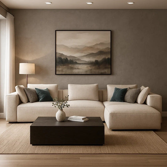 Sofá Modular en L con Chaise Longue y Cojines Decorativos en Tela Beige