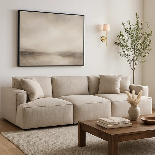 Sofá Modular de 3 Plazas en Tela Beige con Cojines de Respaldo