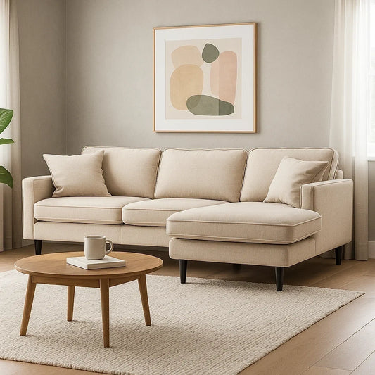 Sofá Chaise Longue de 3 Plazas en Tela Beige con Patas de Madera