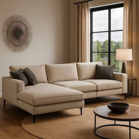 Sofá Chaise Longue de 4 Plazas en Tela Beige con Cojines Decorativos