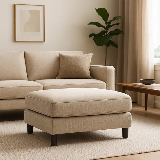 Pouf Reposapiés Cuadrado en Tela Beige con Patas de Madera