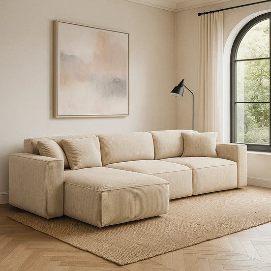 Sofá Modular Esquinero en Chenilla Beige con Reposabrazos