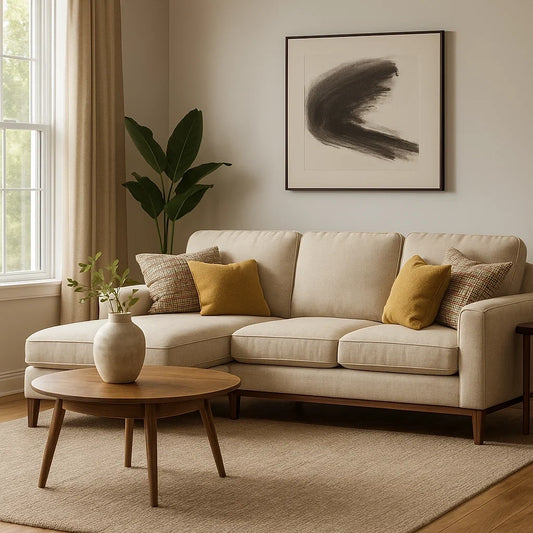 Sofá Chaise Longue de 3 Plazas en Lino Beige con Patas de Madera