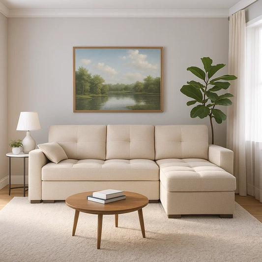 Sofá Chaise Longue de 3 Plazas con Almacenaje en Tela Beige