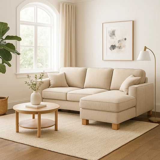 Sofá Chaise Longue de 3 Plazas en Tela Beige con Patas de Madera