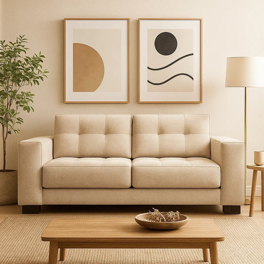 Sofá de 2 Plazas en Tela Beige con Reposabrazos Cuadrados