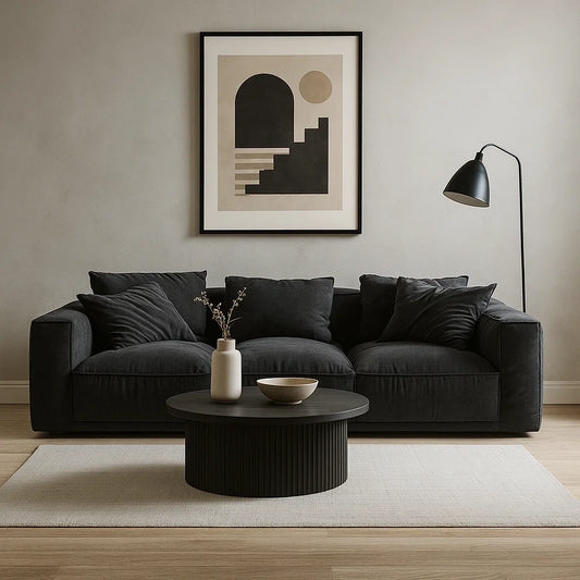Sofá de 4 Plazas en Tela Negra con Cojines Incluidos