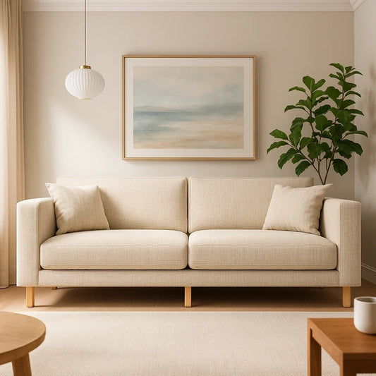 Sofá de Tres Plazas en Tela Beige con Patas de Madera