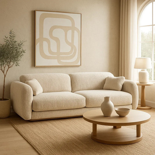 Sofá de Tres Plazas en Tela Beige con Cojines Laterales