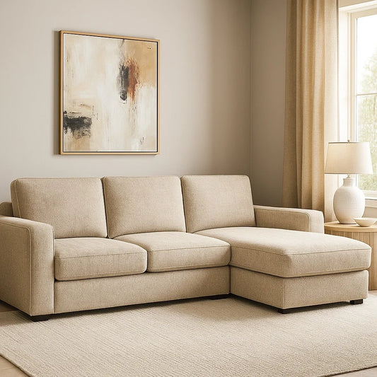 Sofá Chaise Longue de Tres Plazas en Tela Beige Moderna