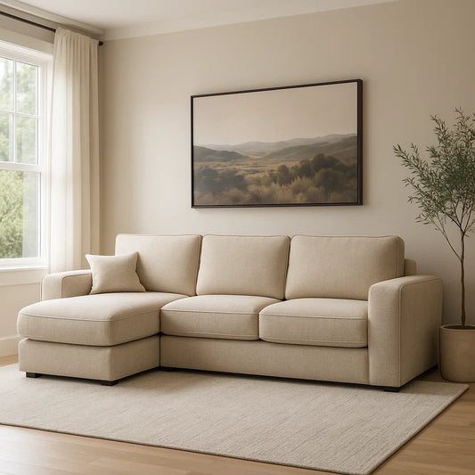 Sofá Chaise Longue de Tres Plazas en Tela Beige Estilo Moderno