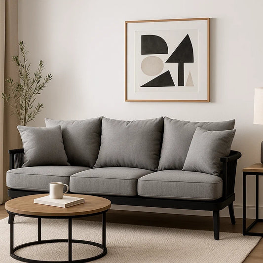 Sofá de Jardín de 3 Plazas con Cojines Grises y Estructura Negra