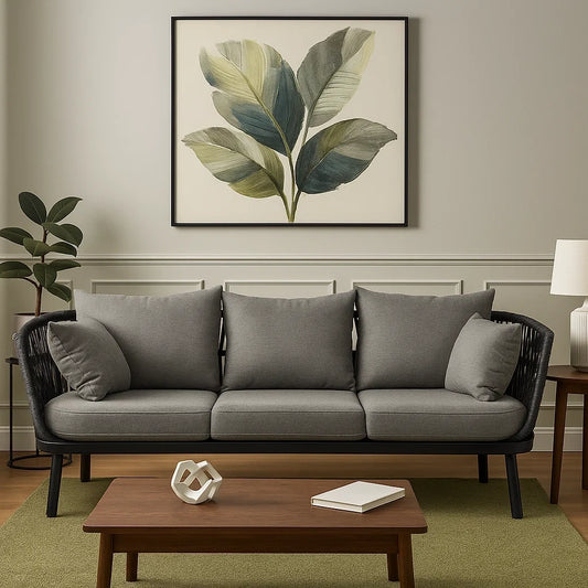 Sofá de Exterior e Interior de 3 Plazas con Cojines Grises y Estructura Negra