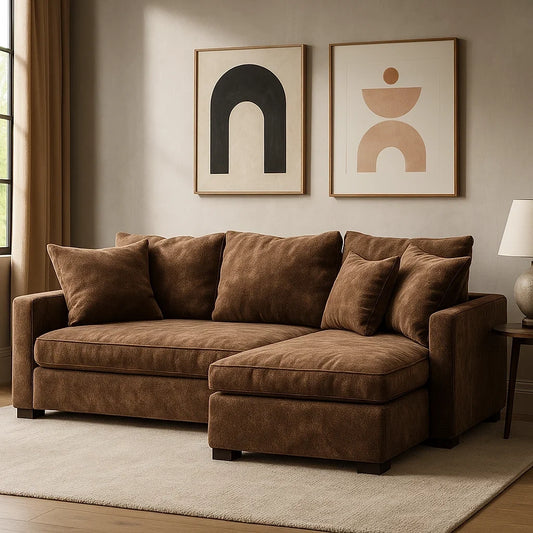 Sofá Chaise Longue de 3 Plazas en Terciopelo Marrón con Cojines