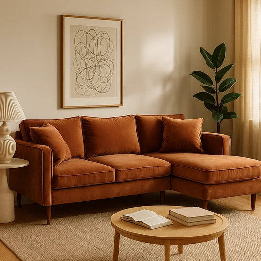 Sofá Chaise Longue de Terciopelo Marrón con Estilo Moderno y Patas de Madera