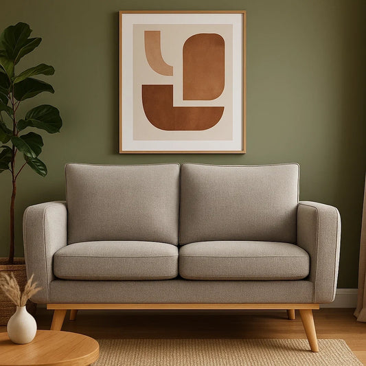Sofá de Dos Plazas en Tela Beige con Estilo Moderno y Patas de Madera