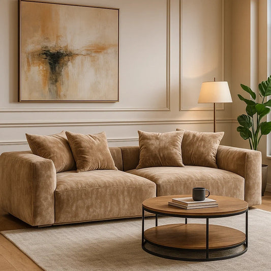 Sofá de Dos Plazas en Terciopelo Beige con Diseño Moderno y Cojines Acolchados