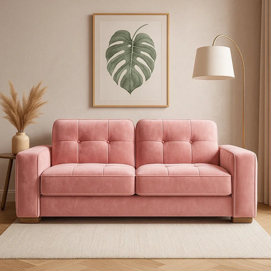 Sofá de Tres Plazas en Terciopelo Rosa con Diseño Moderno y Asientos Acolchados