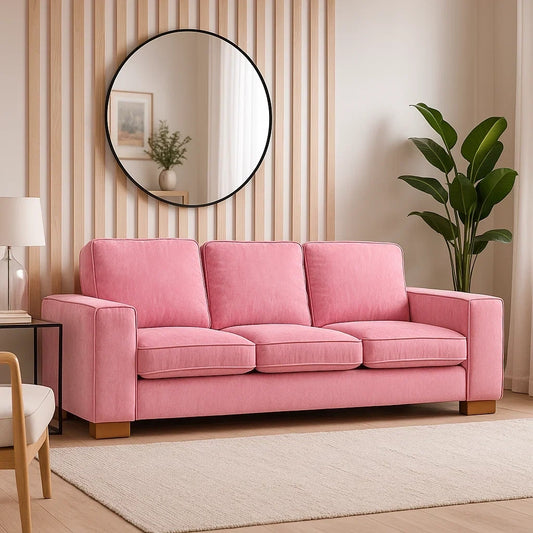 Sofá de Tres Plazas en Terciopelo Rosa con Diseño Moderno y Cojines Acolchados