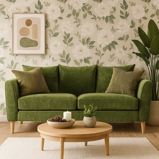 Sofá de Dos Plazas en Terciopelo Verde con Cojines Decorativos y Estilo Moderno