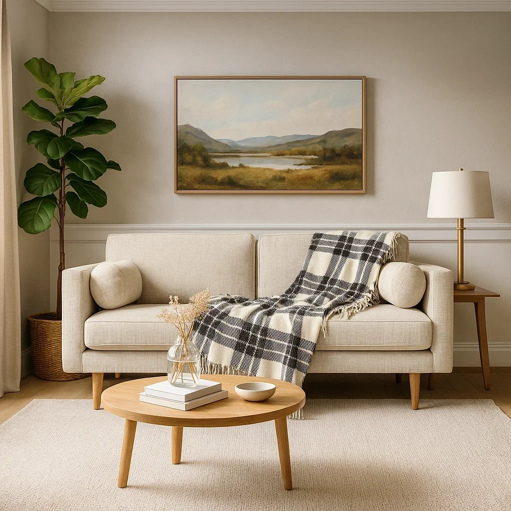 Sofá de Dos Plazas en Tela Beige con Cojines Cilíndricos y Manta Decorativa