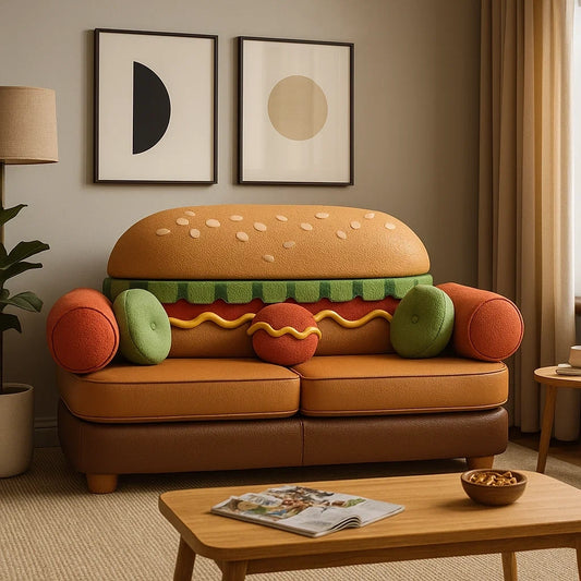 Sofá Creativo con Diseño de Hamburguesa y Cojines Temáticos
