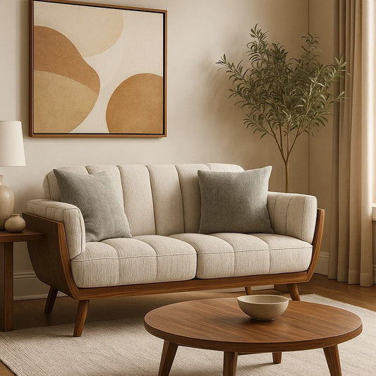 Sofá de Dos Plazas en Tela Beige con Estructura y Patas de Madera