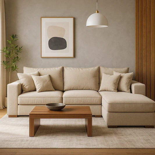 Sofá Chaise Longue de Tela Beige con Cojines Extraíbles y Estilo Moderno