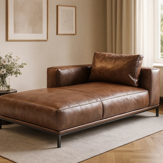 Chaise Longue de Cuero Auténtico Marrón con Estructura Metálica Moderna