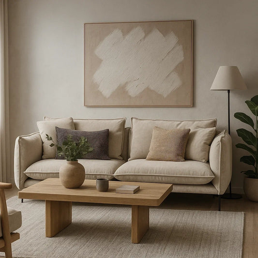 Sofá moderno de 2 plazas en tela beige con cojines decorativos y patas metálicas