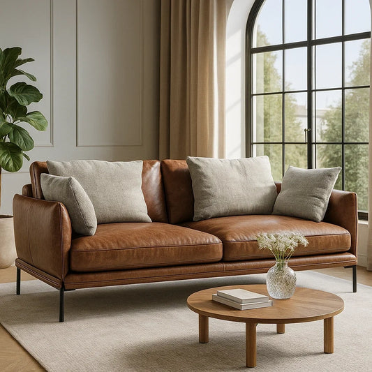 Sofá moderno de 2 plazas en cuero marrón con cojines decorativos grises y patas metálicas