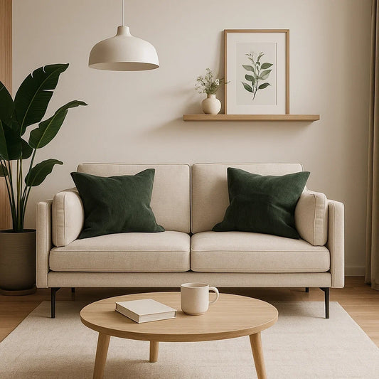Sofá moderno de 2 plazas en tela beige con cojines verdes y patas metálicas negras