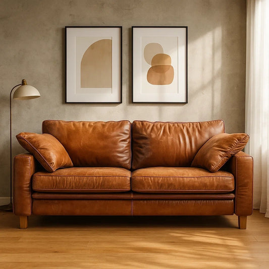 Sofá de 2 plazas en piel auténtica color marrón con patas de madera maciza